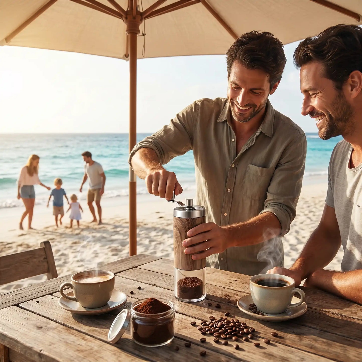 amies utilisent moulin à café  bois céramique dans la plage