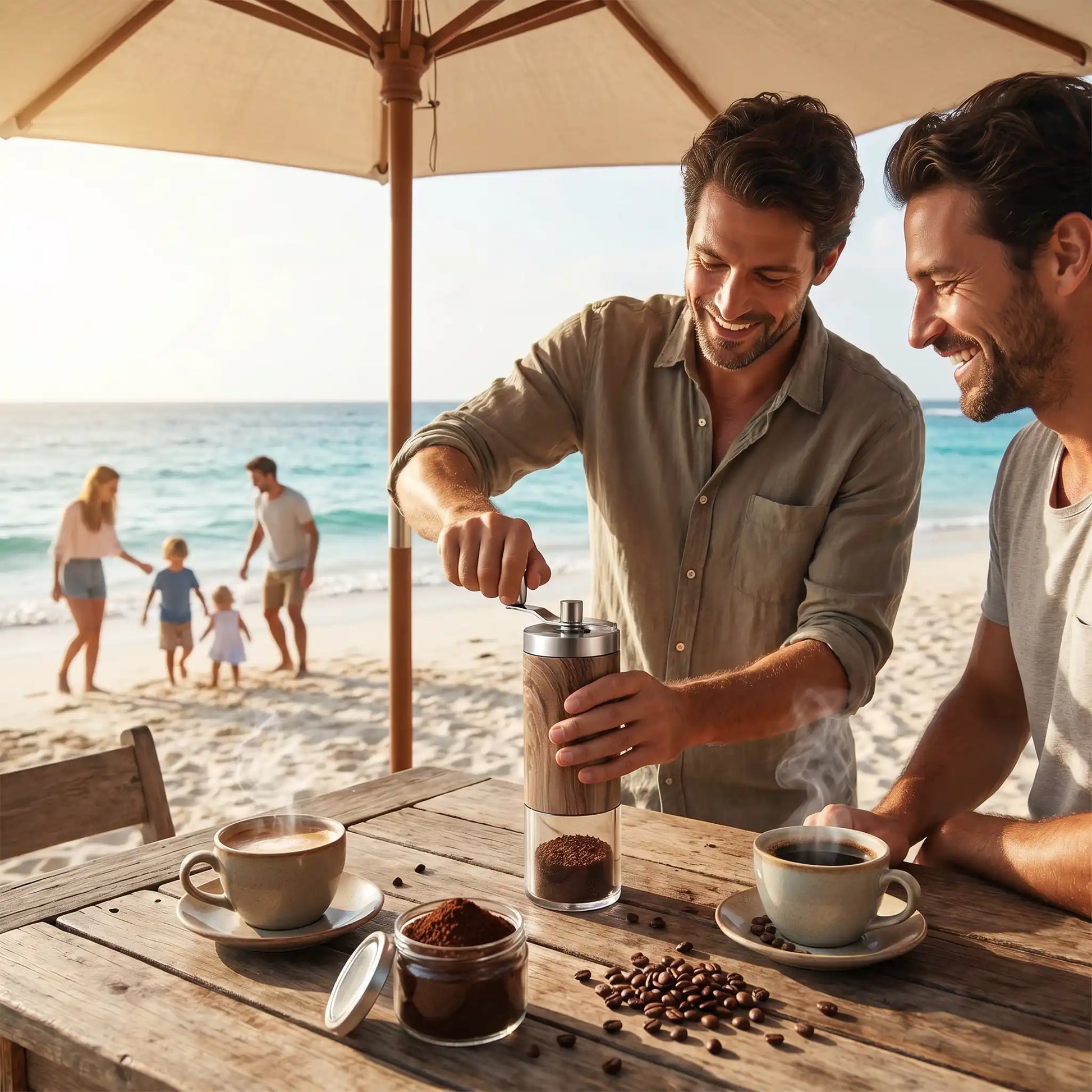 amies utilisent moulin à café  bois céramique dans la plage