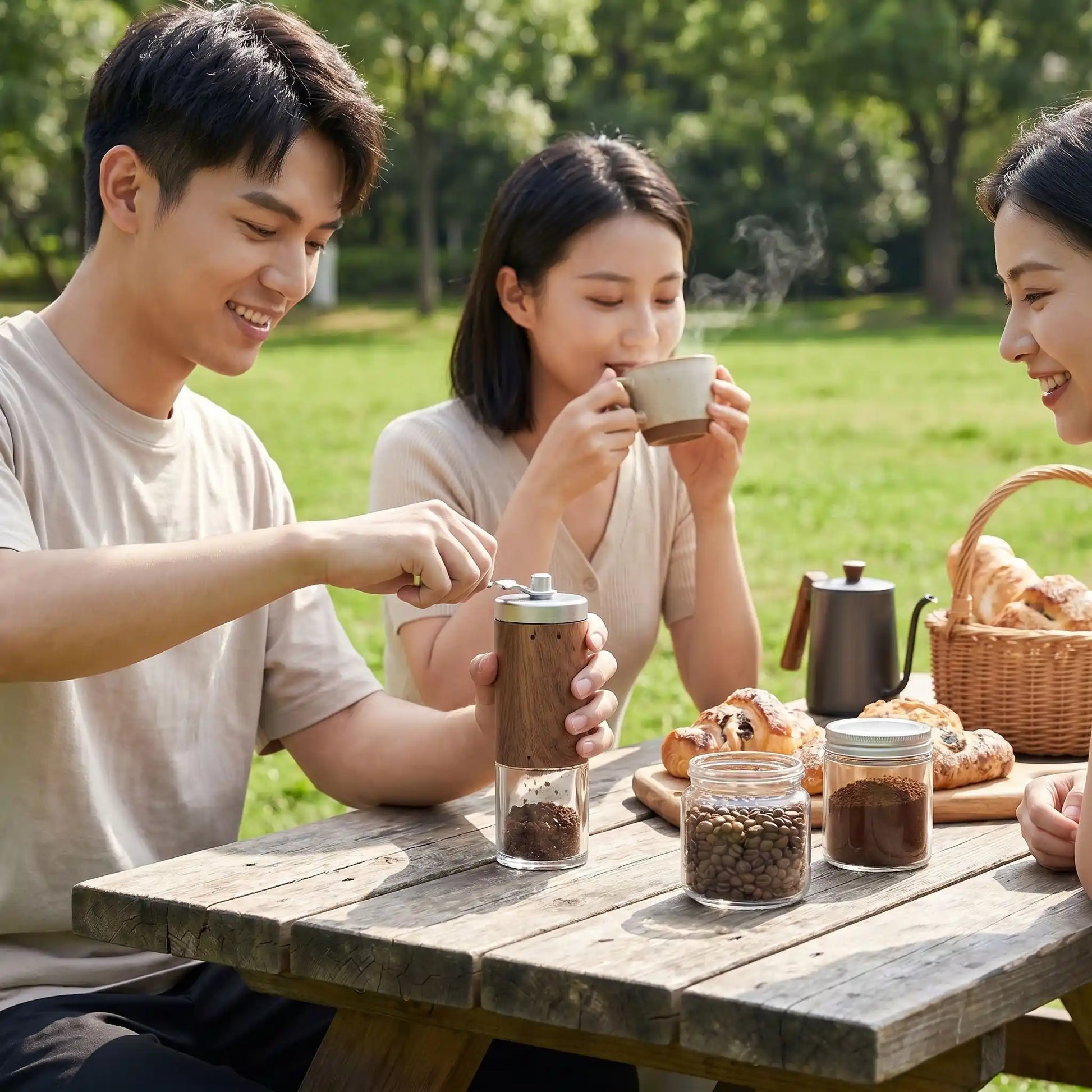 amies utilisent moulin à café bois céramique en pique nique