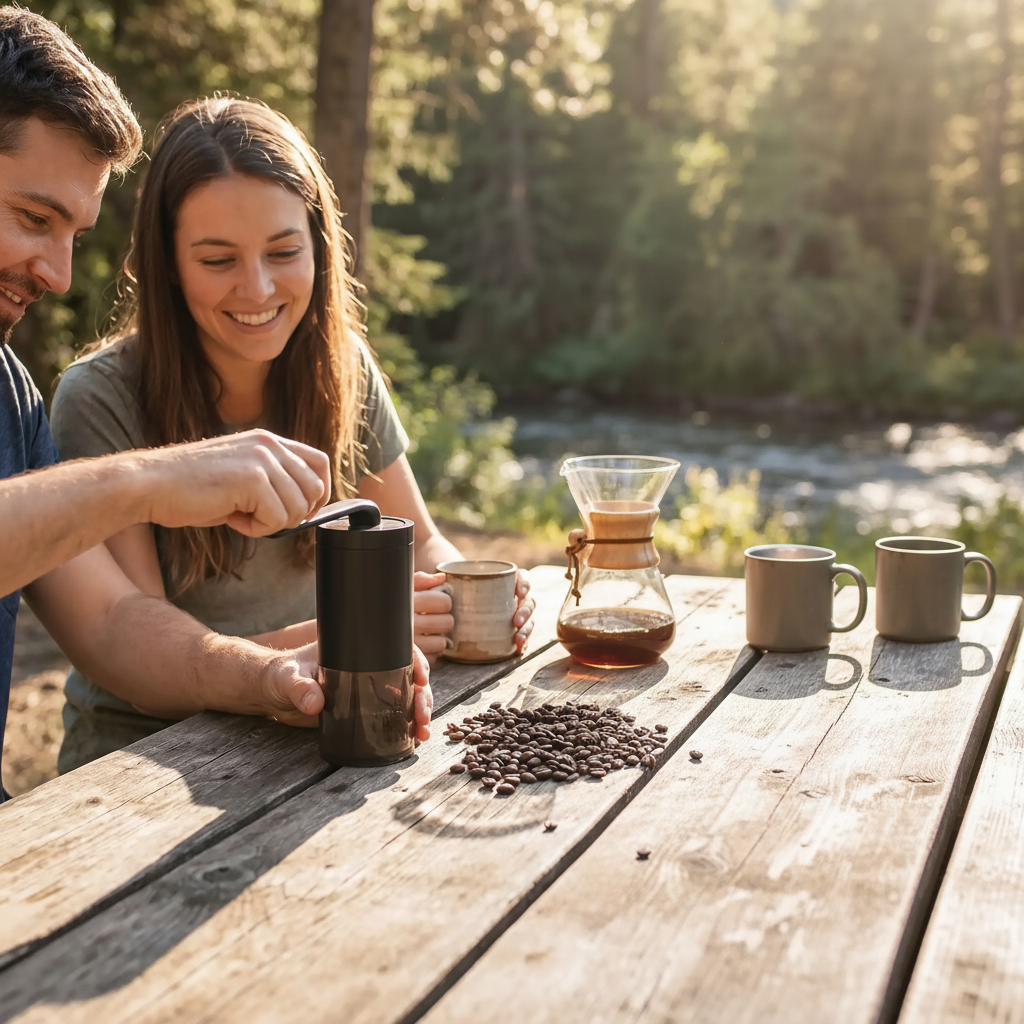 couple en pique nique utilise moulin à café compact manuel  céramique