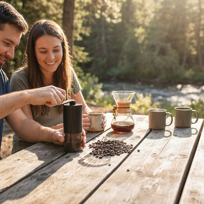 couple en pique nique utilise moulin à café compact manuel  céramique
