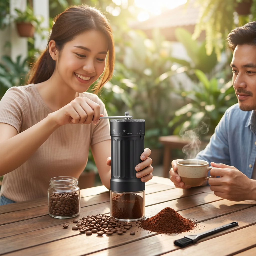 couple utilise moulin à café manuel grinding pro