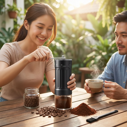 couple utilise moulin à café manuel grinding pro