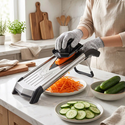 femme coupe carottes en julienne sur mandoline cuisine safeslice