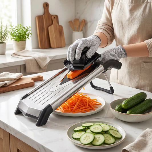 femme coupe carottes en julienne sur mandoline cuisine safeslice