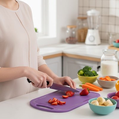 femme coupe cerises sur Planche a decouper colorcut violet