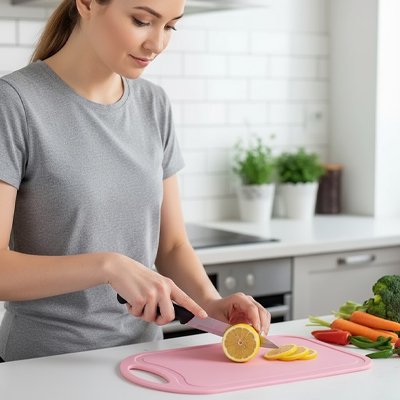 femme coupe  citrons sur Planche a decouper colorcut rose