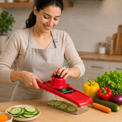 femme coupe concombre mandoline cuisine 6 lames sécurisées