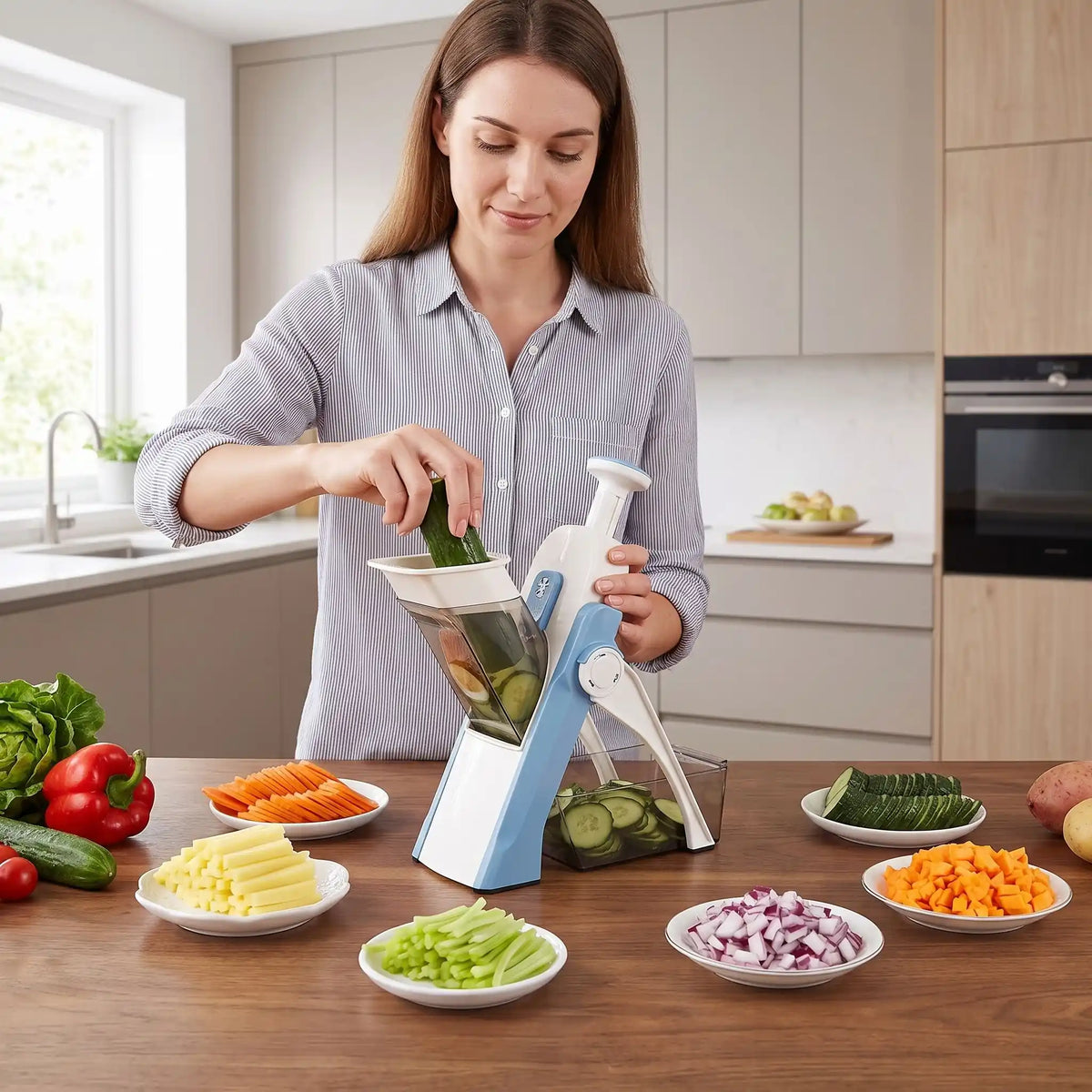 femme coupe concombre mandoline professionnelle multifonction sécurisée