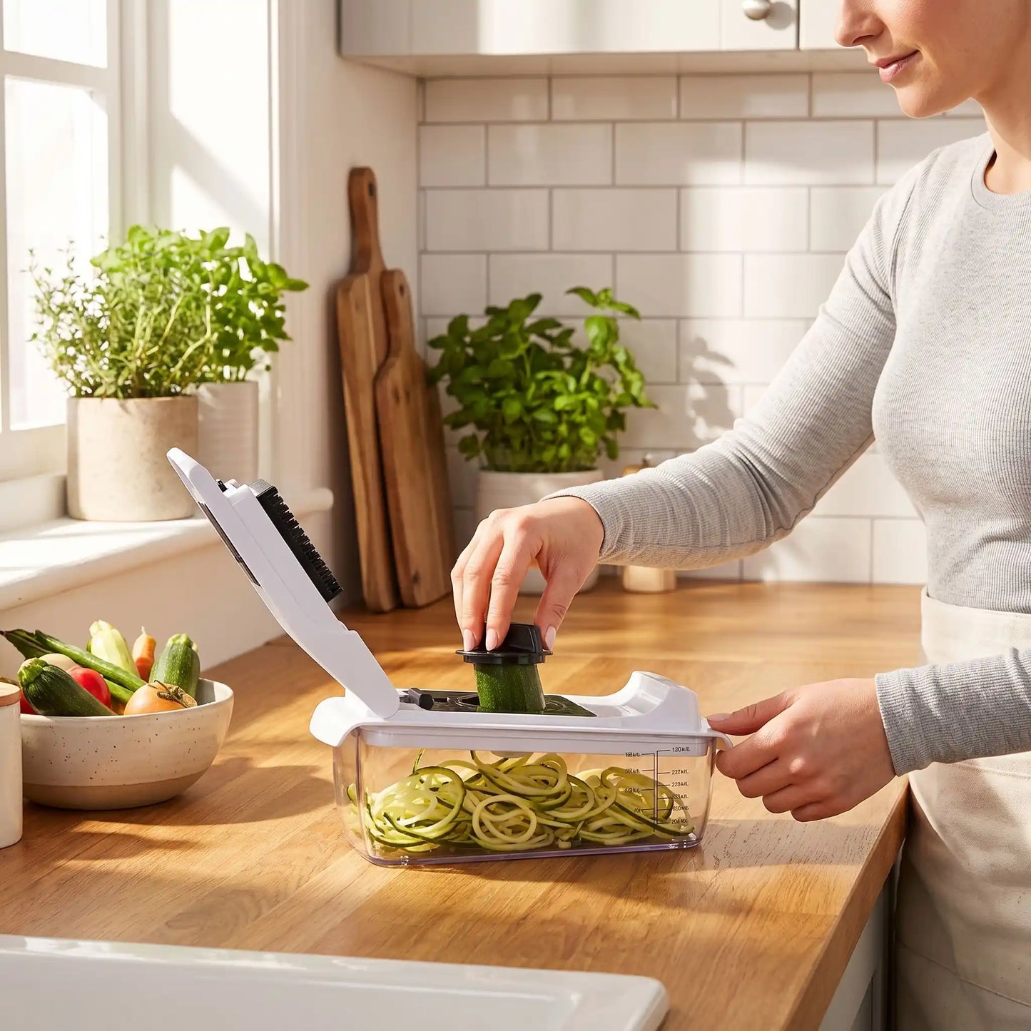 femme coupe courgette dans mandoline cuisine multichop pro