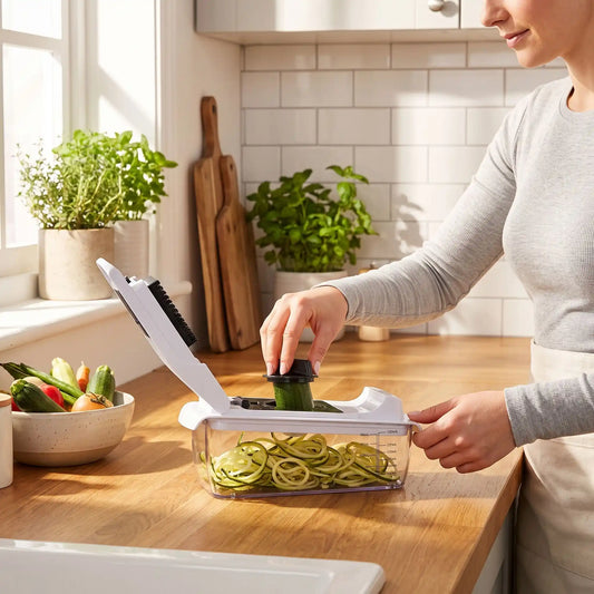 femme coupe courgette dans mandoline cuisine multichop pro
