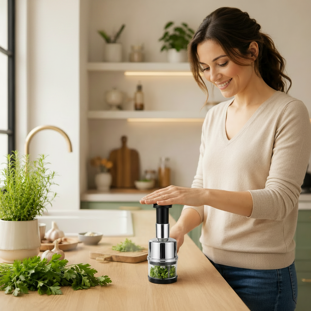 femme coupe herbe dans hachoir multifonction