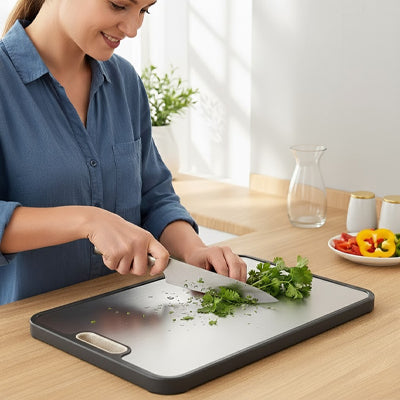 femme coupe persil sur planche a decouper double face