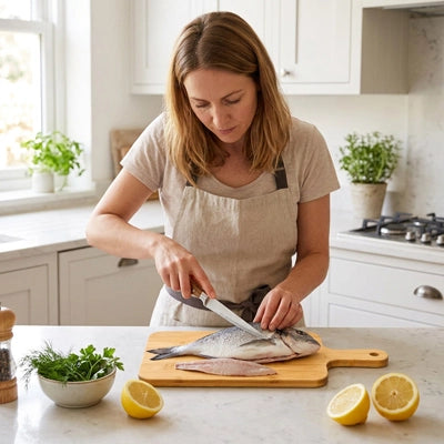 femme coupe poisson planche a decouper en bois bambucut pro
