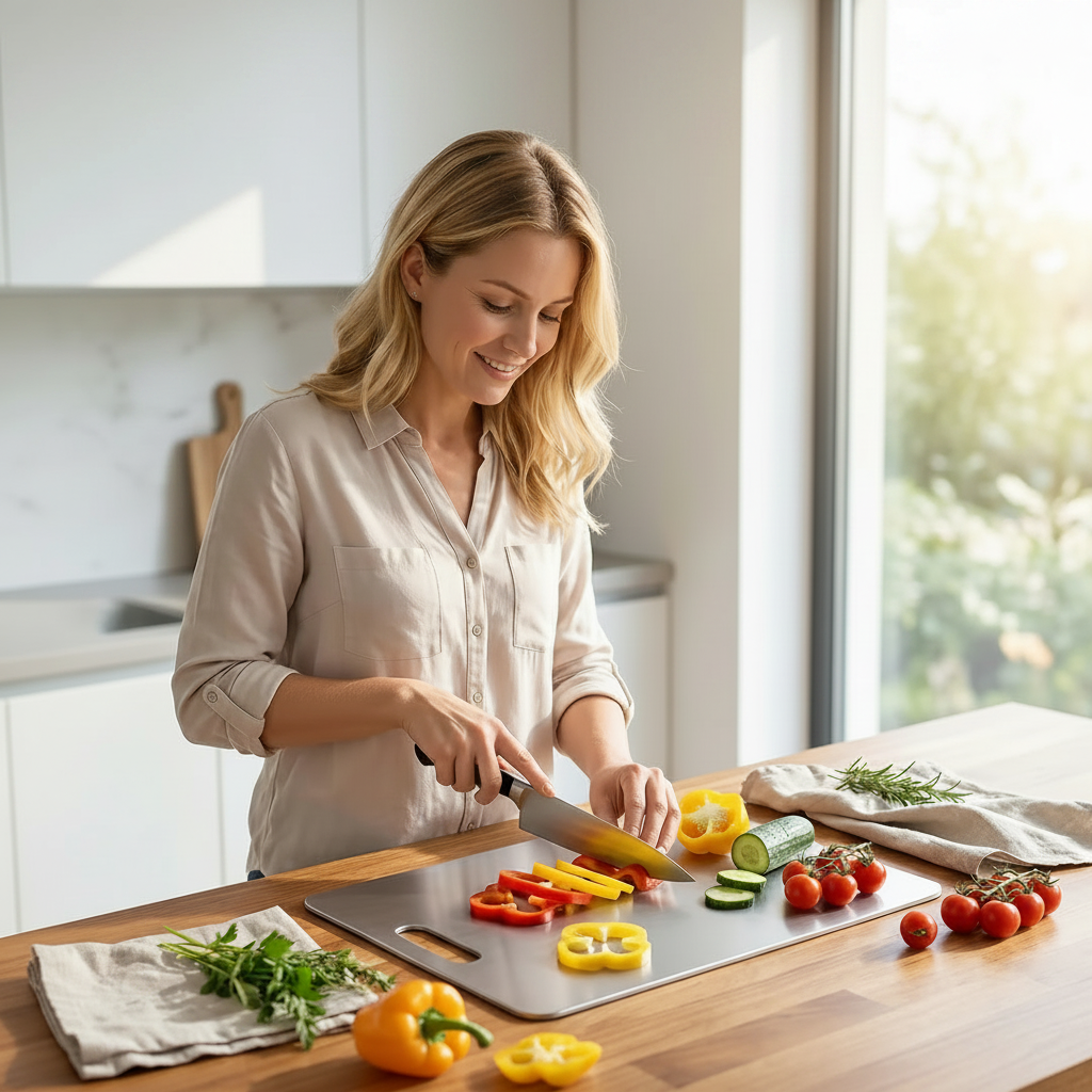 femme coupe poivron sur planche a decouper inox antibactérienne