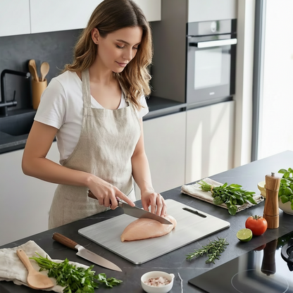 femme coupe poulet sur planche a decouper en titane inox indestructible