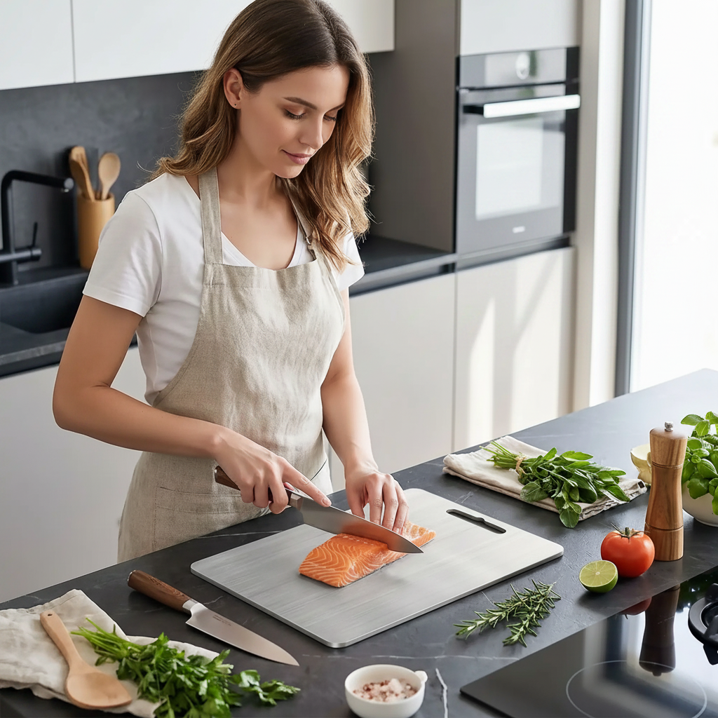 femme coupe soumon sur planche à découper inox indestructible