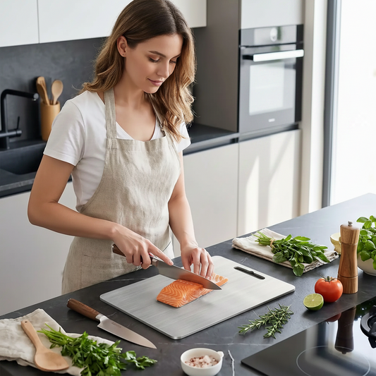 femme coupe soumon sur planche à découper inox indestructible