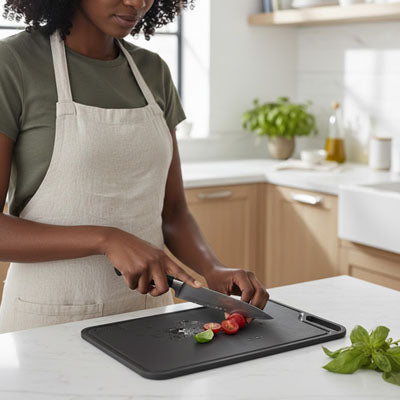 femme coupe tomate sur planche à découper durable