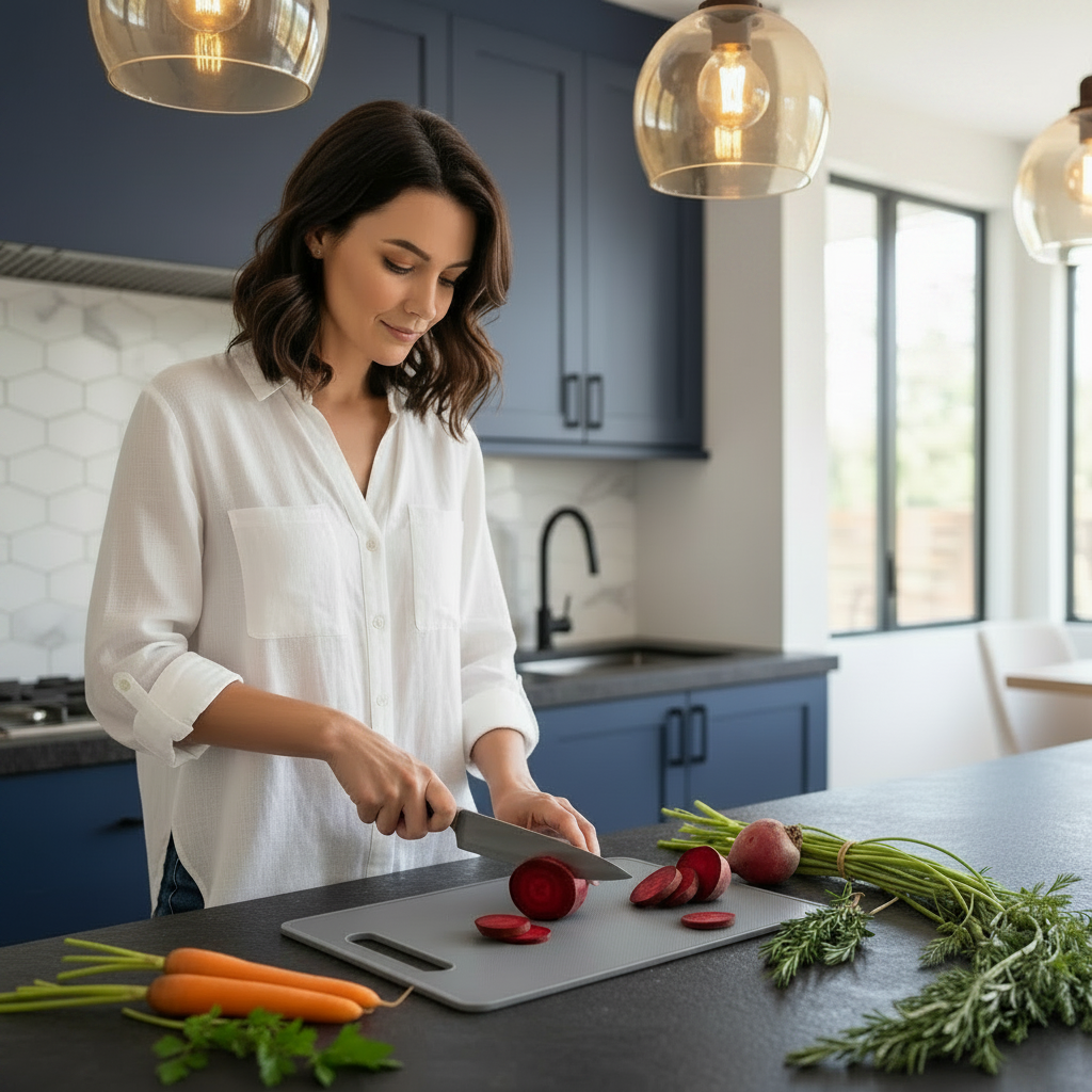 femme découpe betteraves sur planche à decouper polypropylène gris