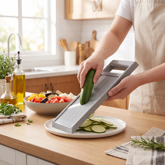 femme découpe courgette mandoline cuisine slicepro compact gris