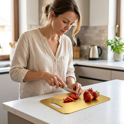 femme découpe fraises sur planche a decouper dorée antidérapante