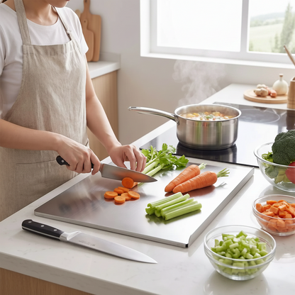 femme découpe légumes sur planche a decouper steelcut-pro