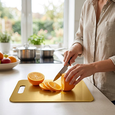 femme découpe orange sur planche a decouper dorée antidérapante