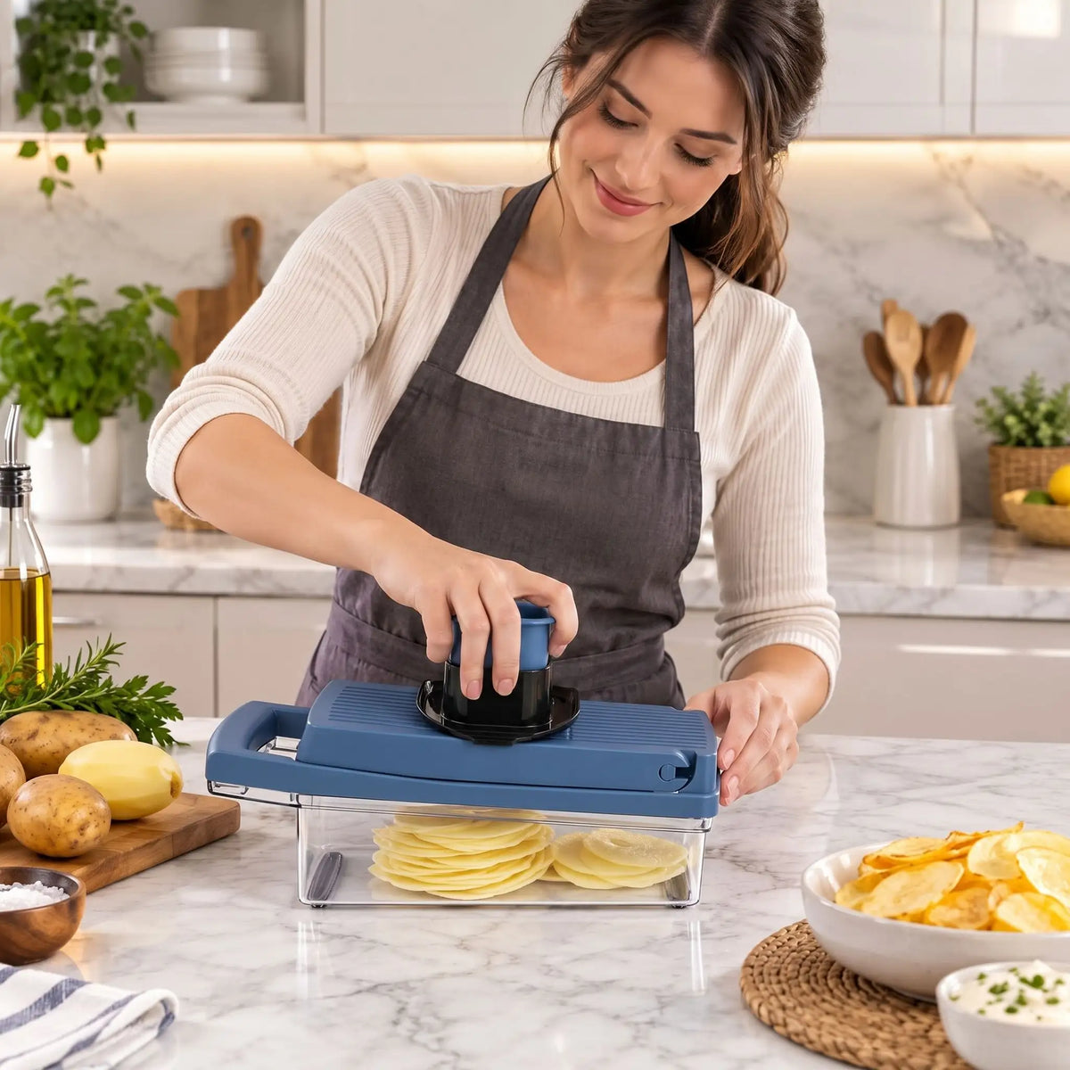 femme découpe pomme de terre cuisine mandoline 8 en 1 inox