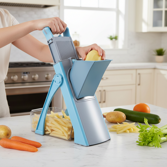 femme découpe pommes de terre dans mandoline cuisine sliceblades