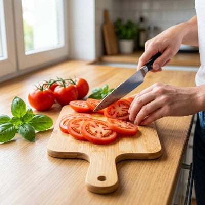 femme découpe tomates planche a decouper en bois bambucut-pro