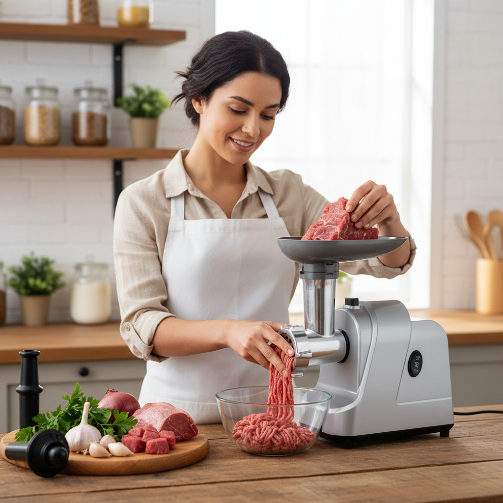 femme hachant la viande avec hachoir a viande Meatpro