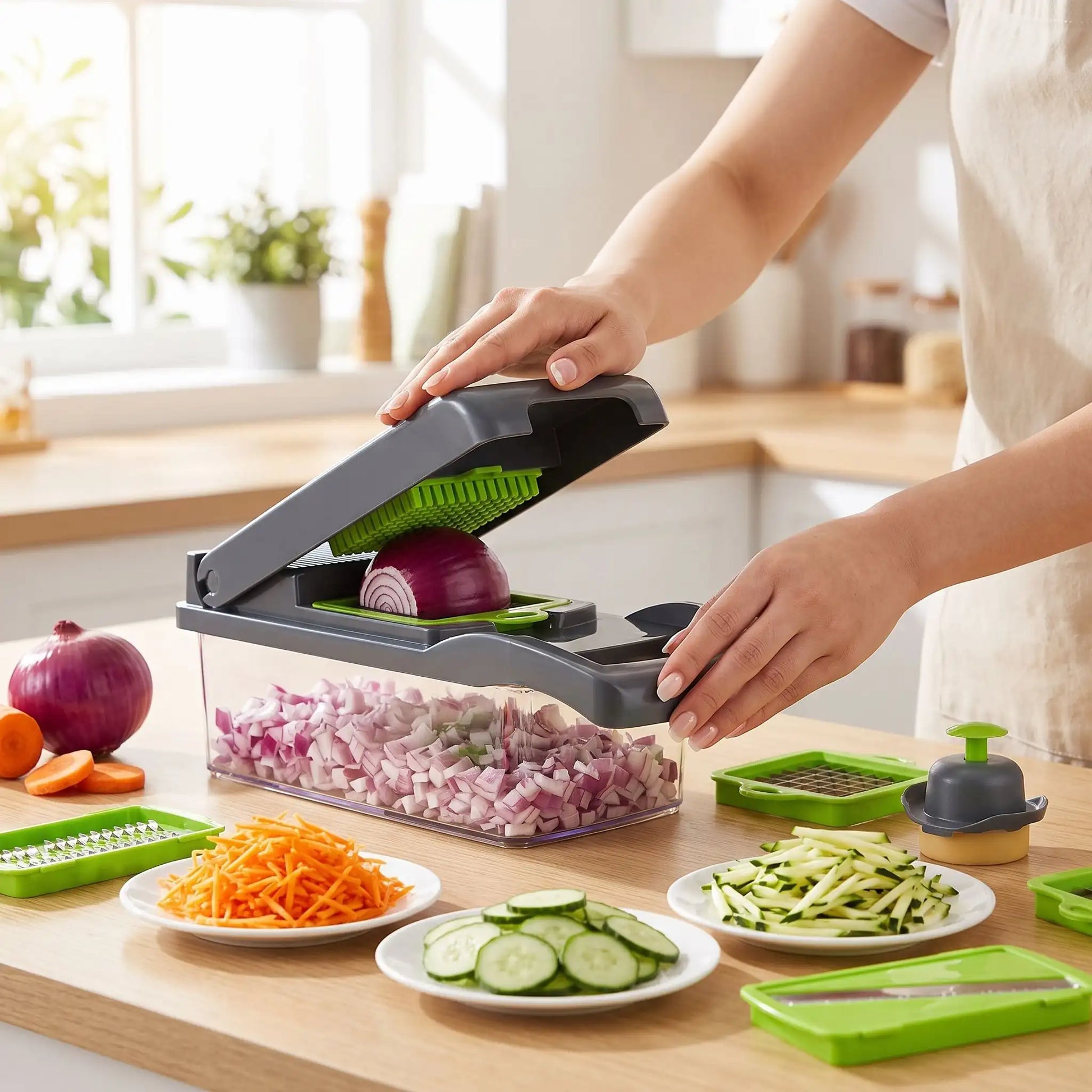 femme hache oignons dans hachoir quickchop