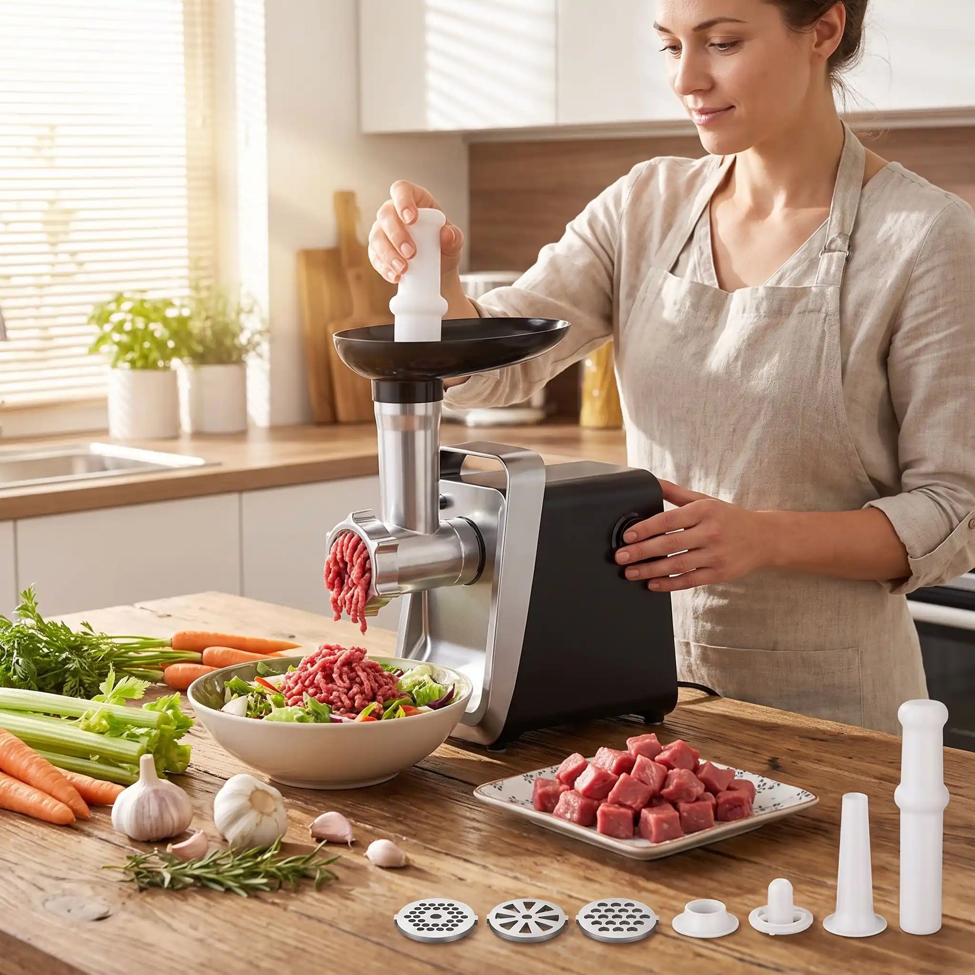 femme hache viande dans hachoir a viande grindforce