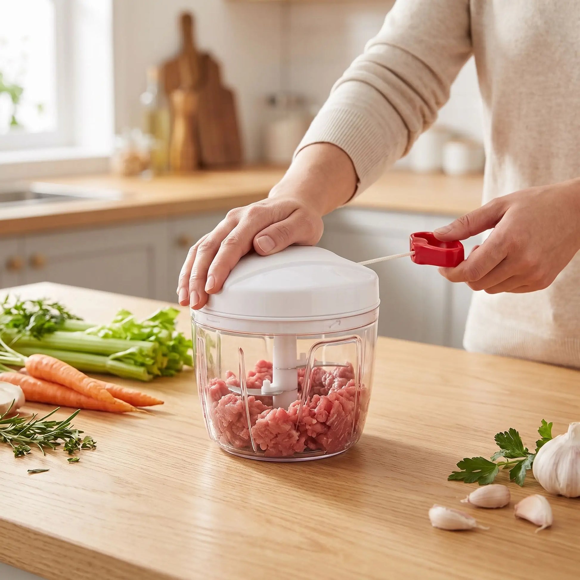 femme hache viande dans hachoir chopmaster