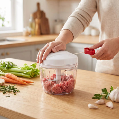 femme hache viande dans hachoir chopmaster