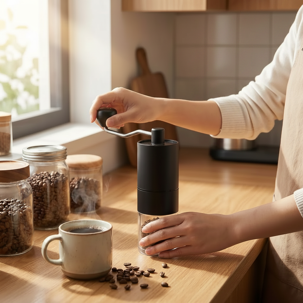 femme moud du café dans moulin à café nomade