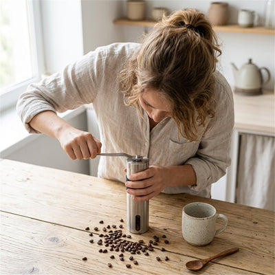 femme mouds grains dans moulin à café compact inox