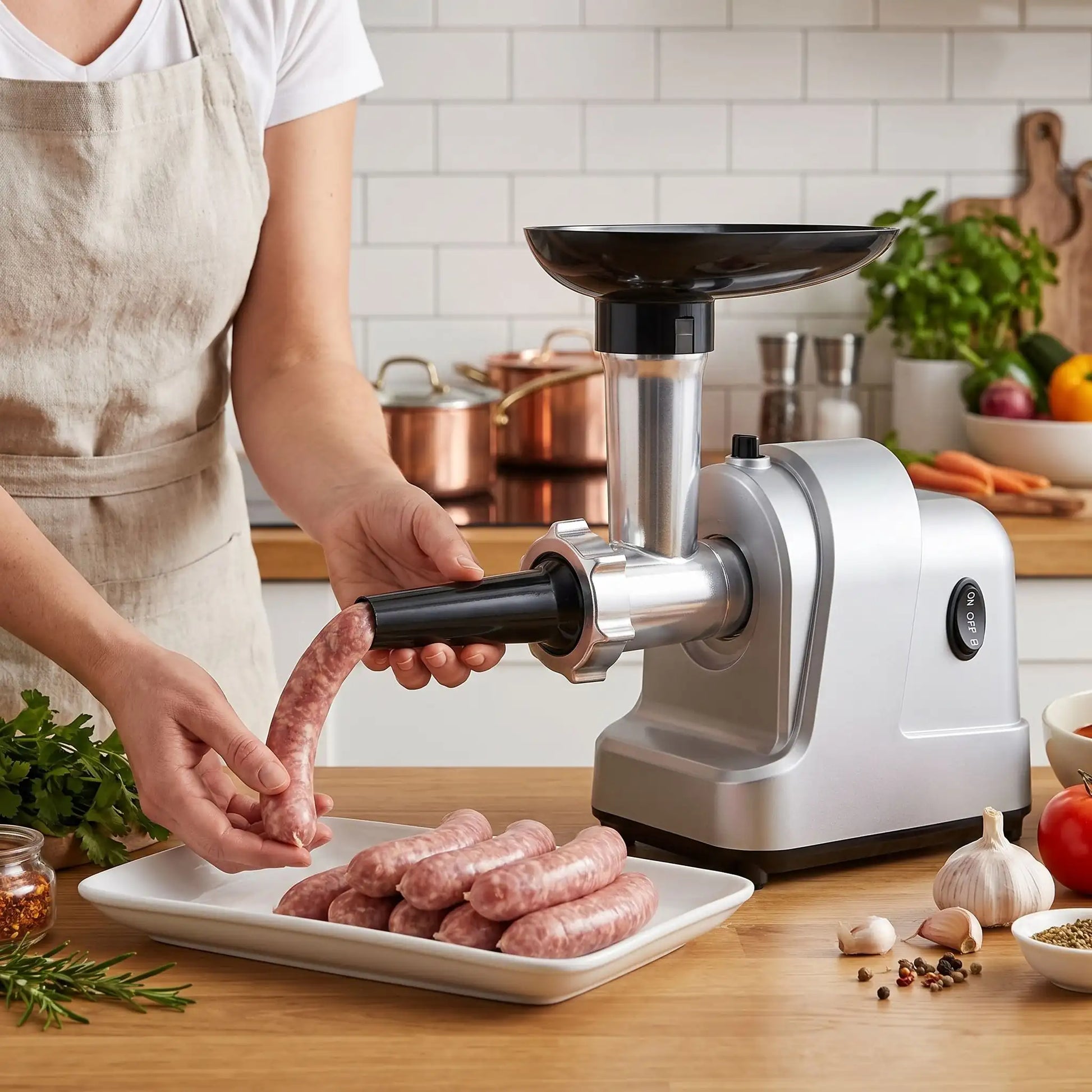 femme prépare les saucisses avec hachoir  a viande meatpro