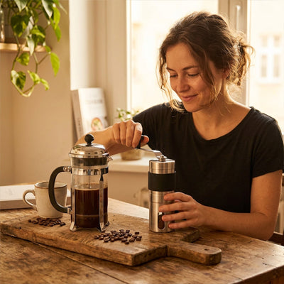 femme prépare son café grâce moulin à café compact inox