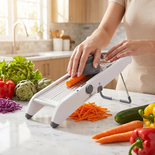 femme râpe carottes en julienne mandoline professionnelle Ideal plus