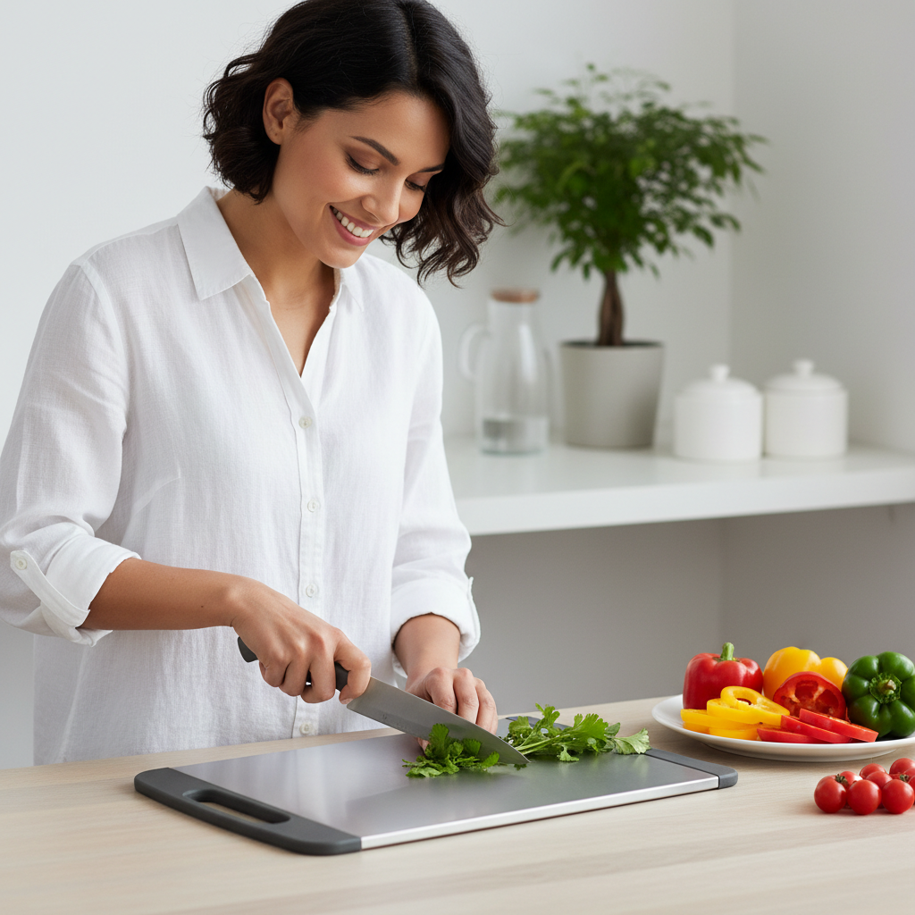 femme souriante coupe herbe sur planche a decouper double face
