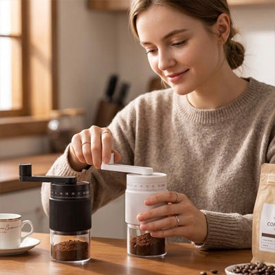 femme tourne la manivelle du moulin à café Mandato