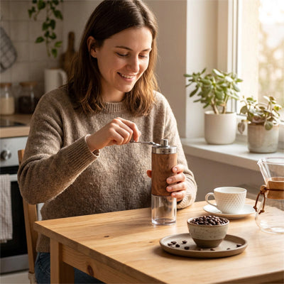 femme tourne manivelle du moulin à café manuel céramique bois
