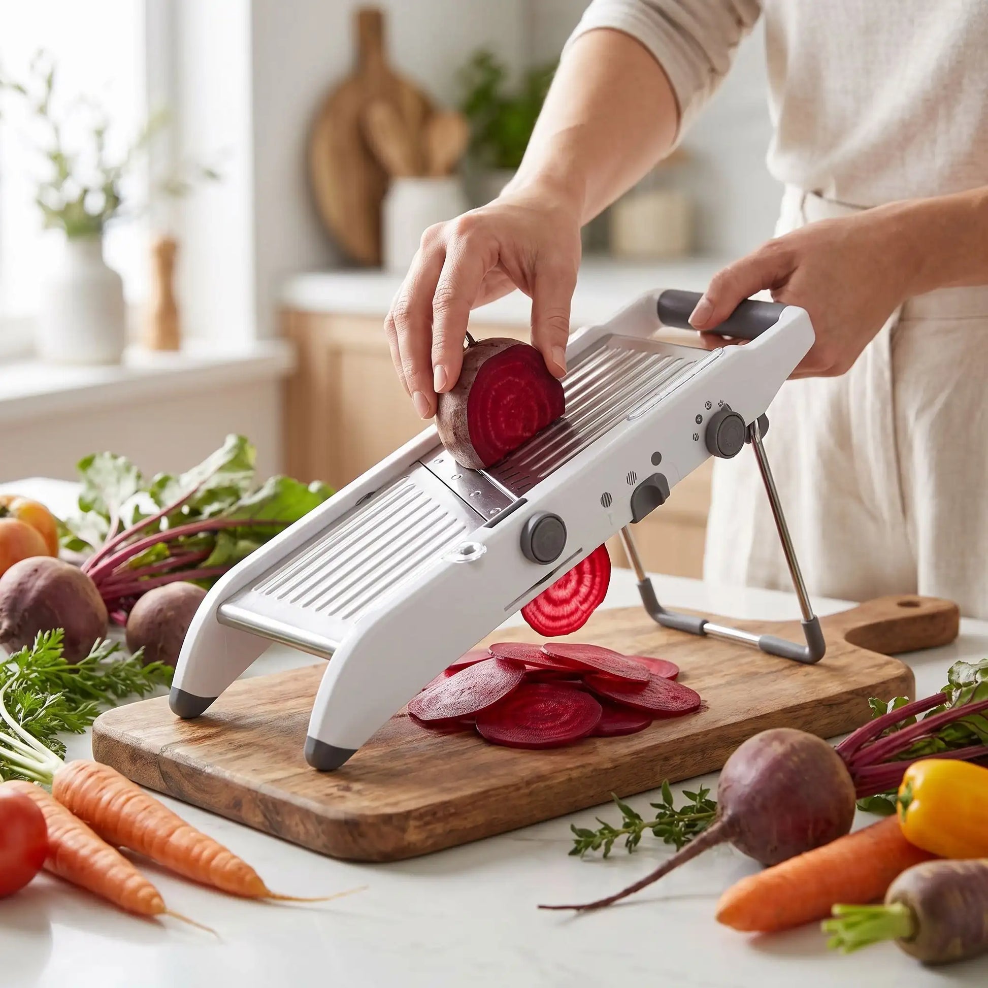 femme tranche bettrave sur mandoline professionnelle ideal+