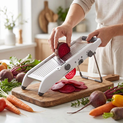 femme tranche bettrave sur mandoline professionnelle ideal+