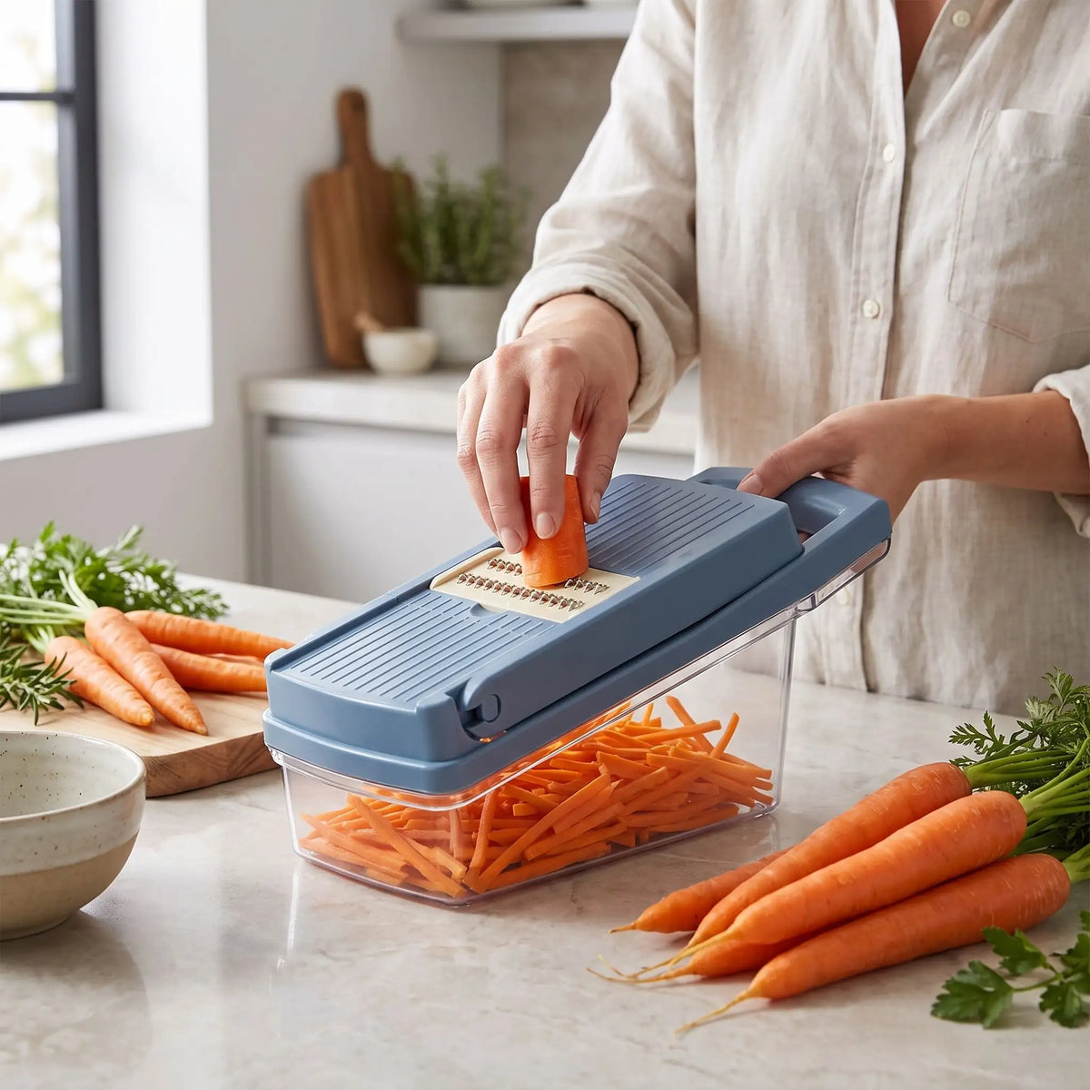 femme tranche carottes cuisine mandoline 8 en 1 inox