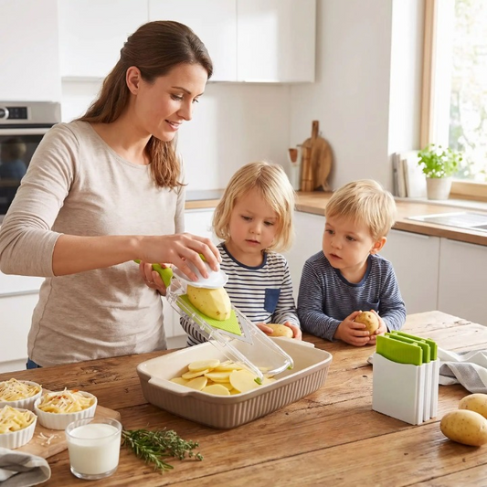femme tranche pomme de terre mandoline cuisine thinslice
