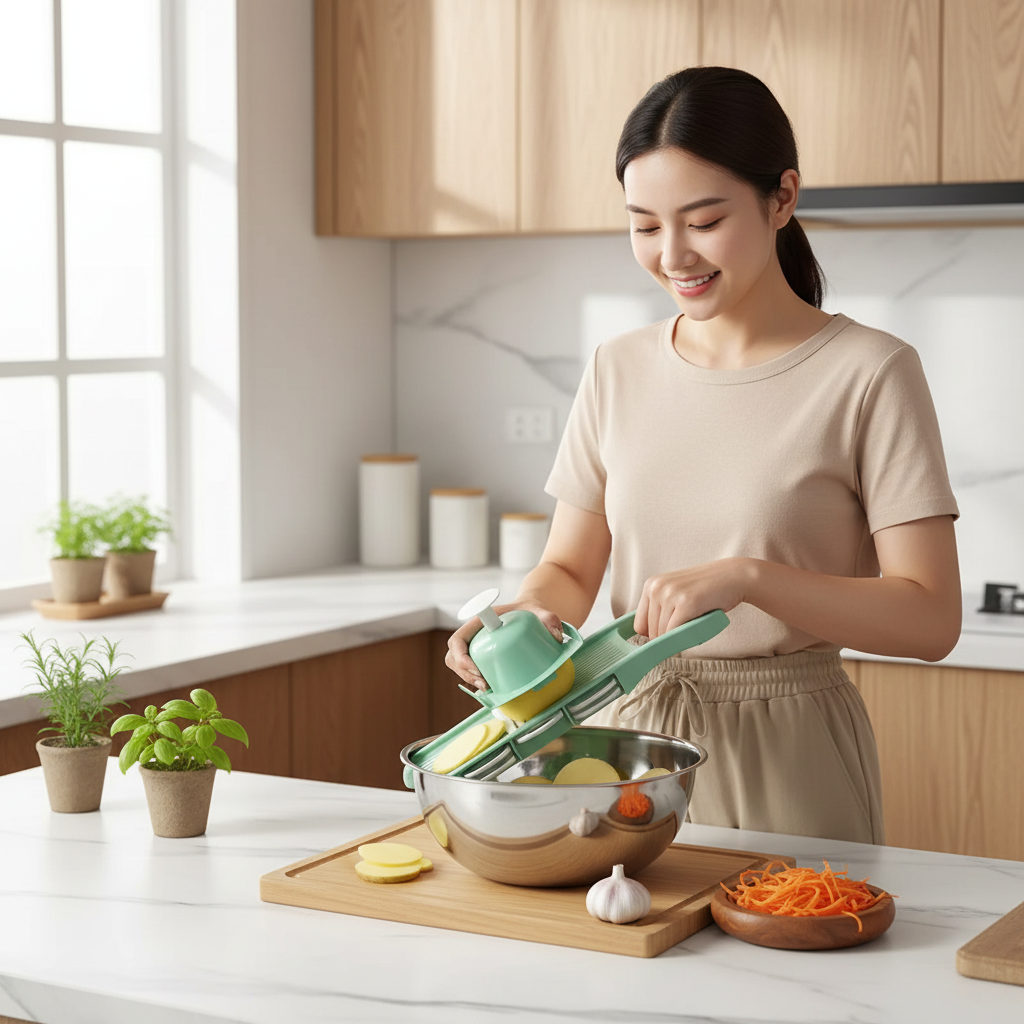 femme utilise cuisine mandoline multifonctionnelle 5 lames