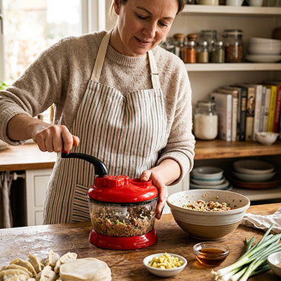 femme utilise hachoir cutter masher